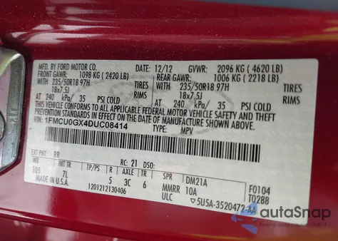 2013 Ford Escape Se from USA, damaged, VIN 1FMCU0GX4DUC08414